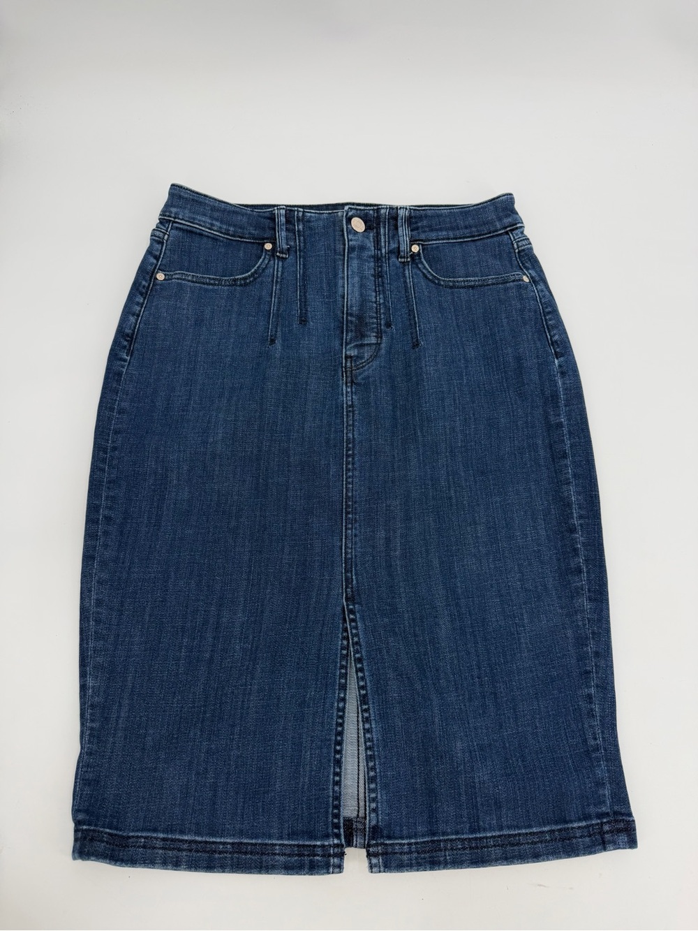 White House Black Market Skirt Womens 8 Blue Denim Midi Front Slit Tailored
